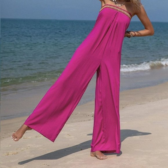 . Pants - Pink Preppy Womens Contrast Geo Embroidery Tape Tube Wide Leg Jumpsuit